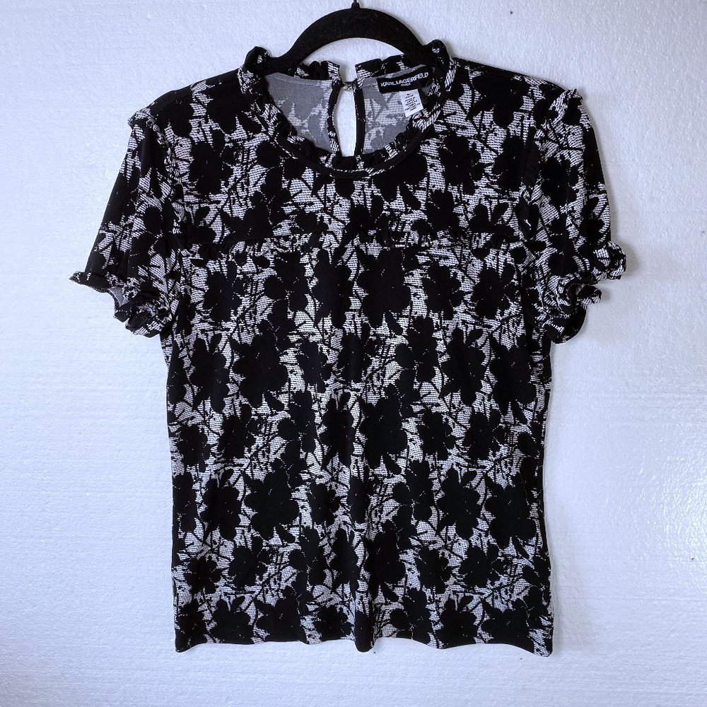 Karl Lagerfeld Womens Sz Small Black White Floral Pearl Detail Top Blouse Career